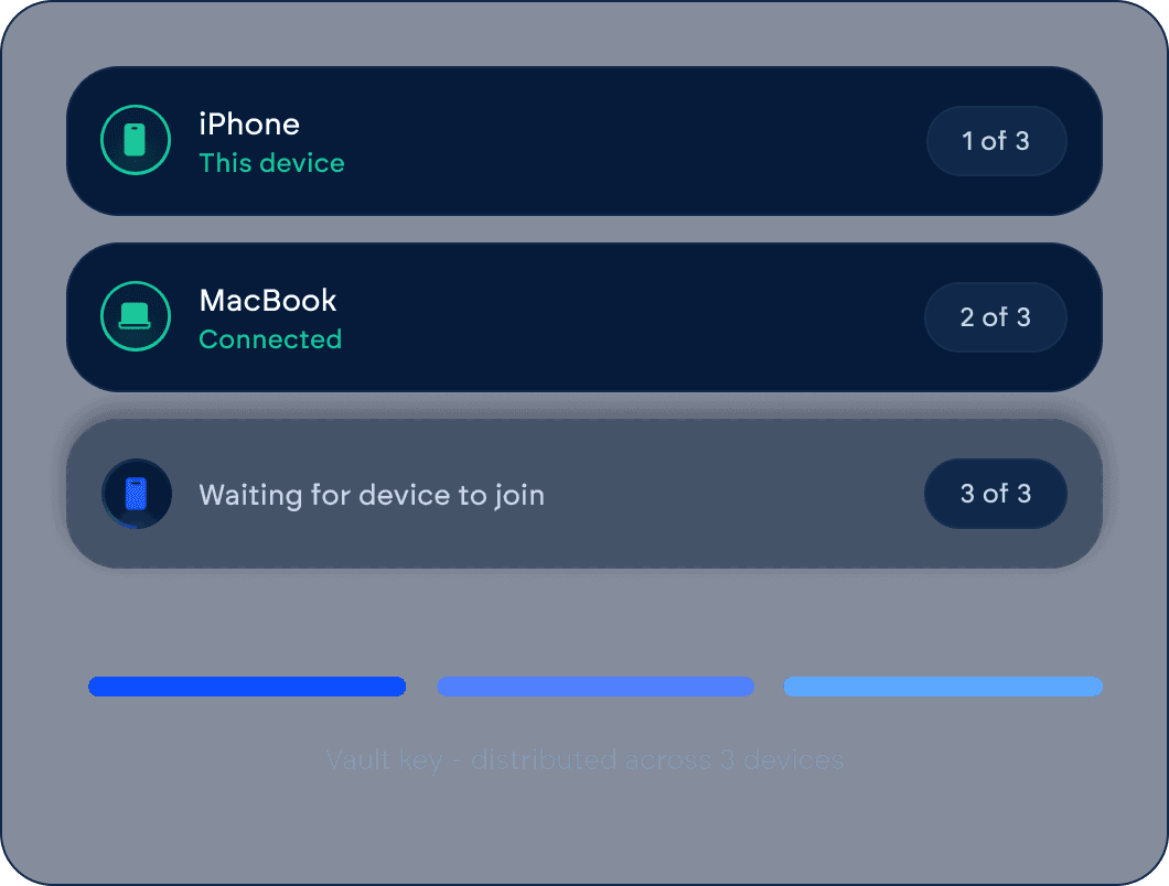 Multi-device vault setup showing iPhone, MacBook, and waiting device