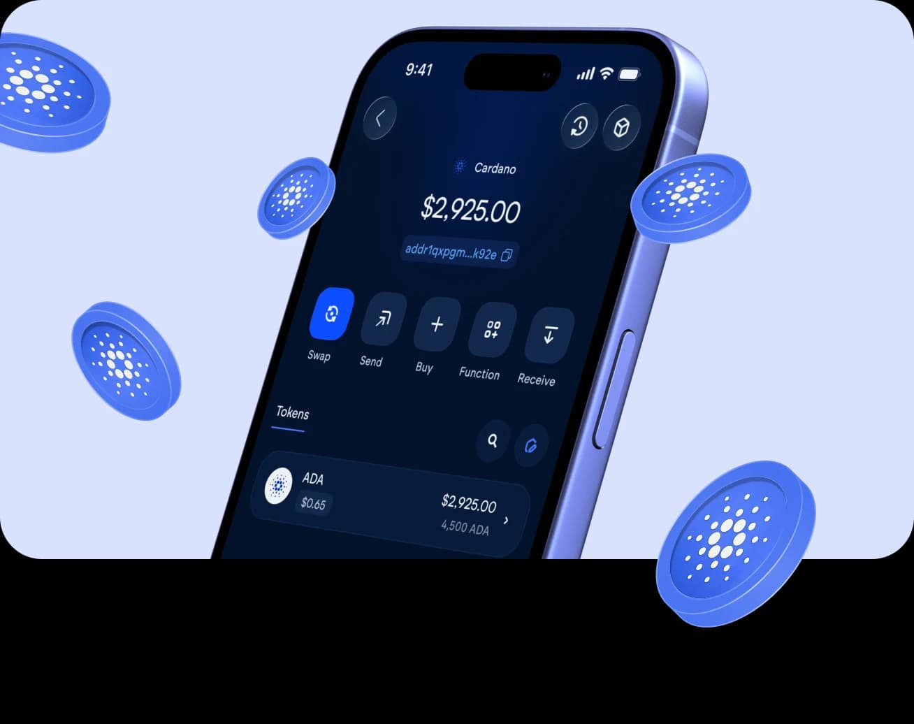 The Vultisig vault open on Cardano, with its balance and actions