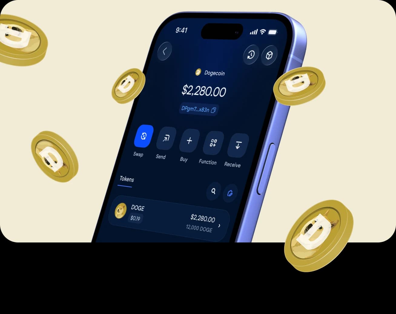 The Vultisig vault open on Dogecoin, with its balance and actions