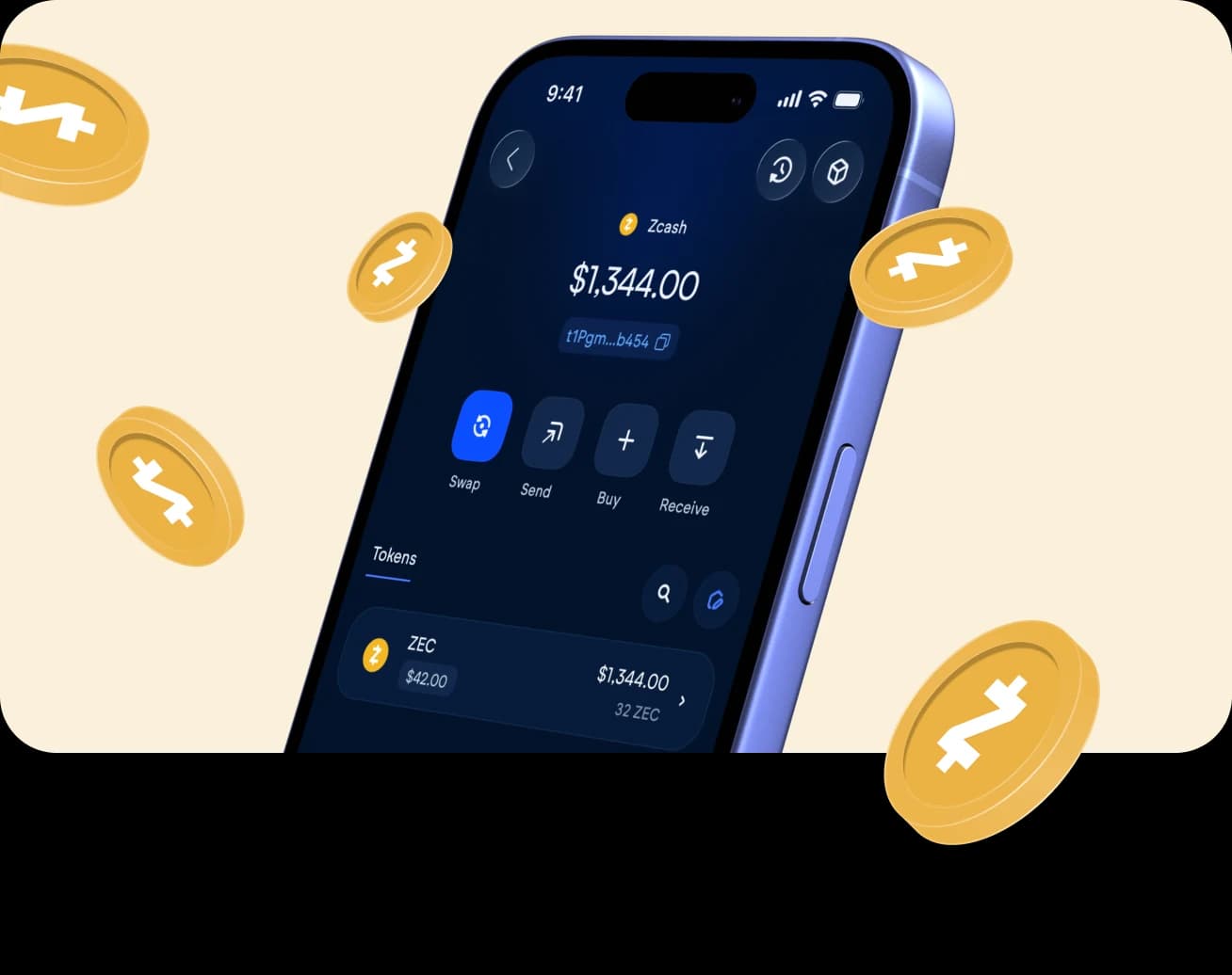 The Vultisig vault open on Zcash, with its balance and actions