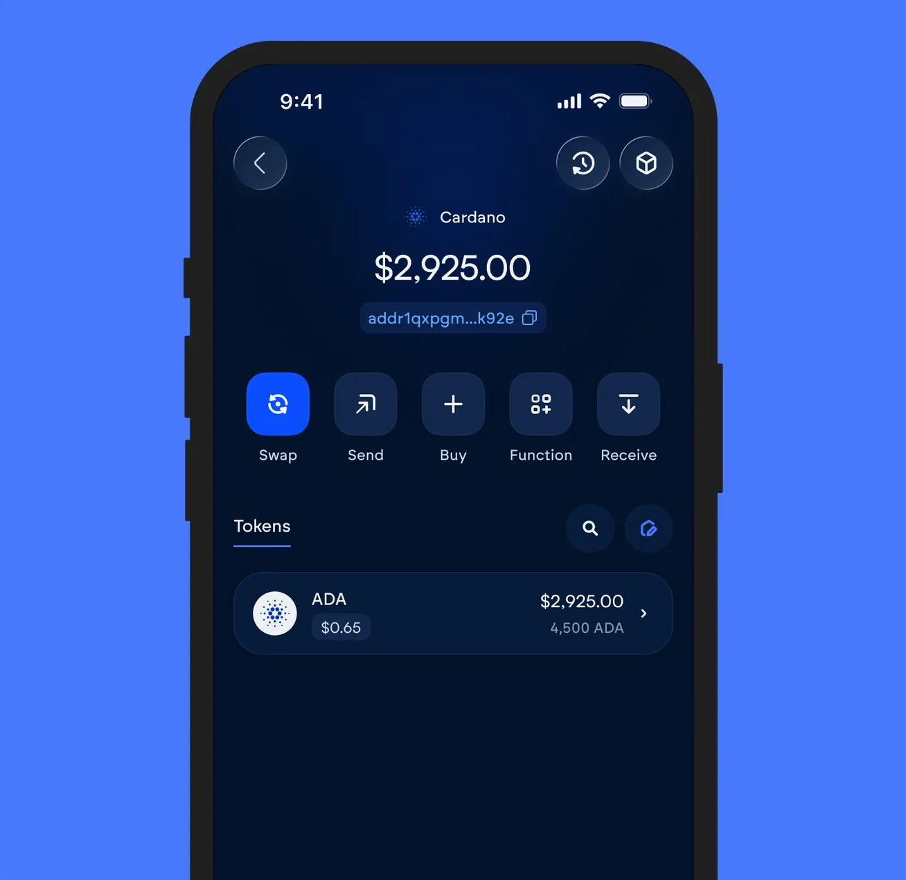 The Vultisig vault open on Cardano, showing its balance and token list