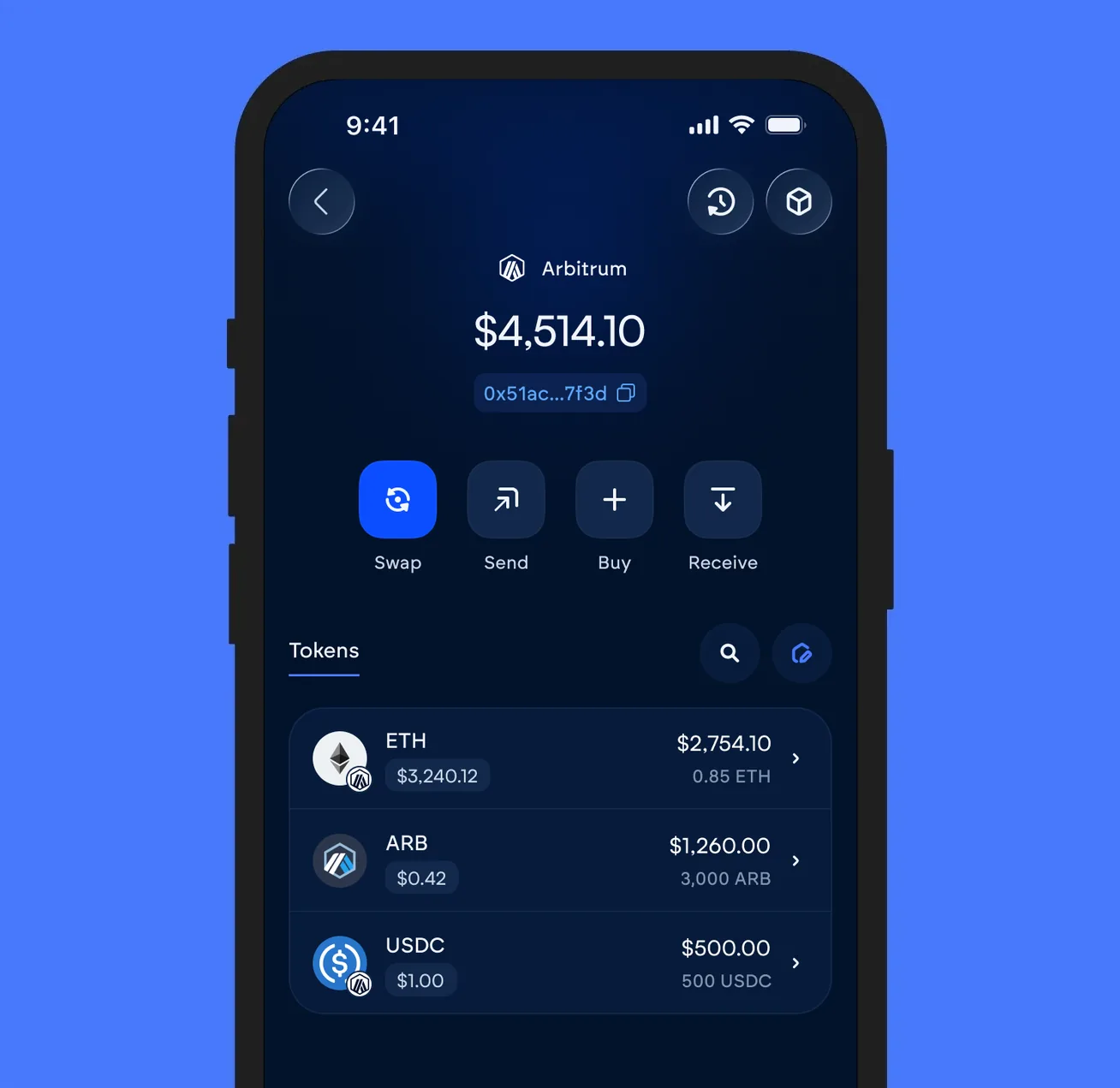 The Vultisig vault open on Arbitrum, showing its balance and token list