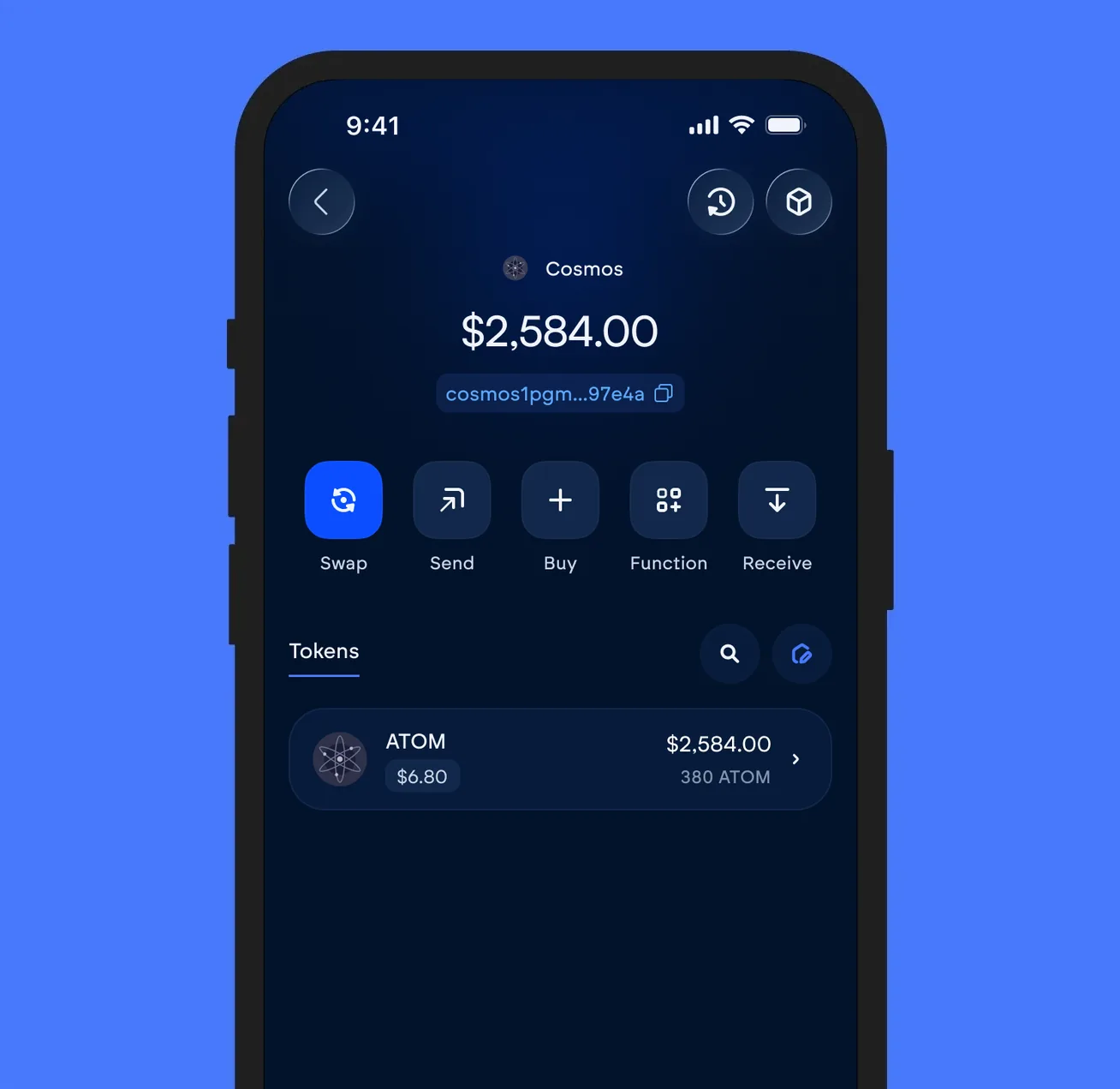 The Vultisig vault open on Cosmos, showing its balance and token list