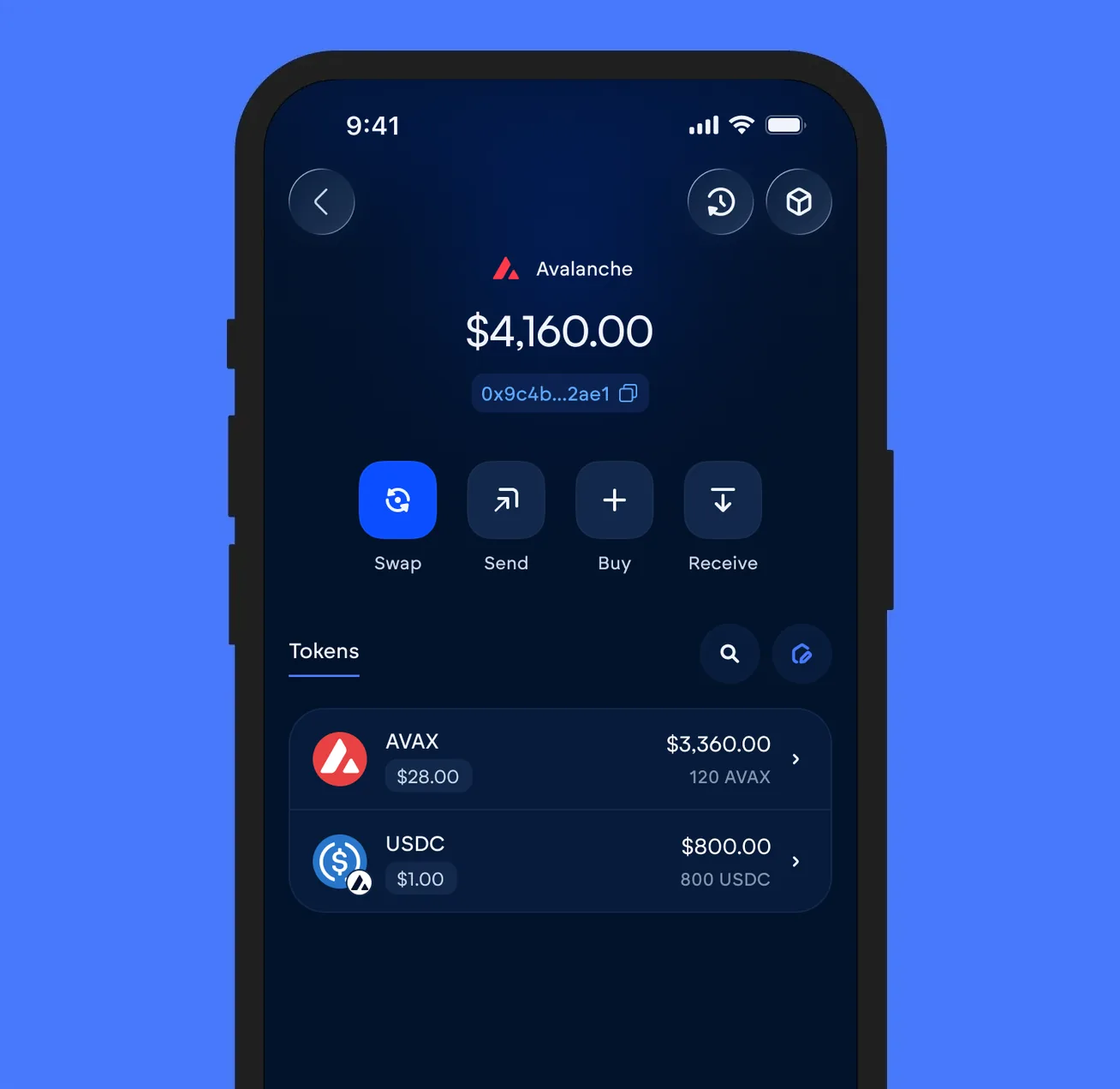 The Vultisig vault open on Avalanche, showing its balance and token list