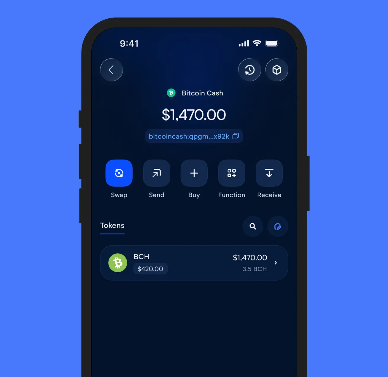 The Vultisig vault open on Bitcoin Cash, showing its balance and token list