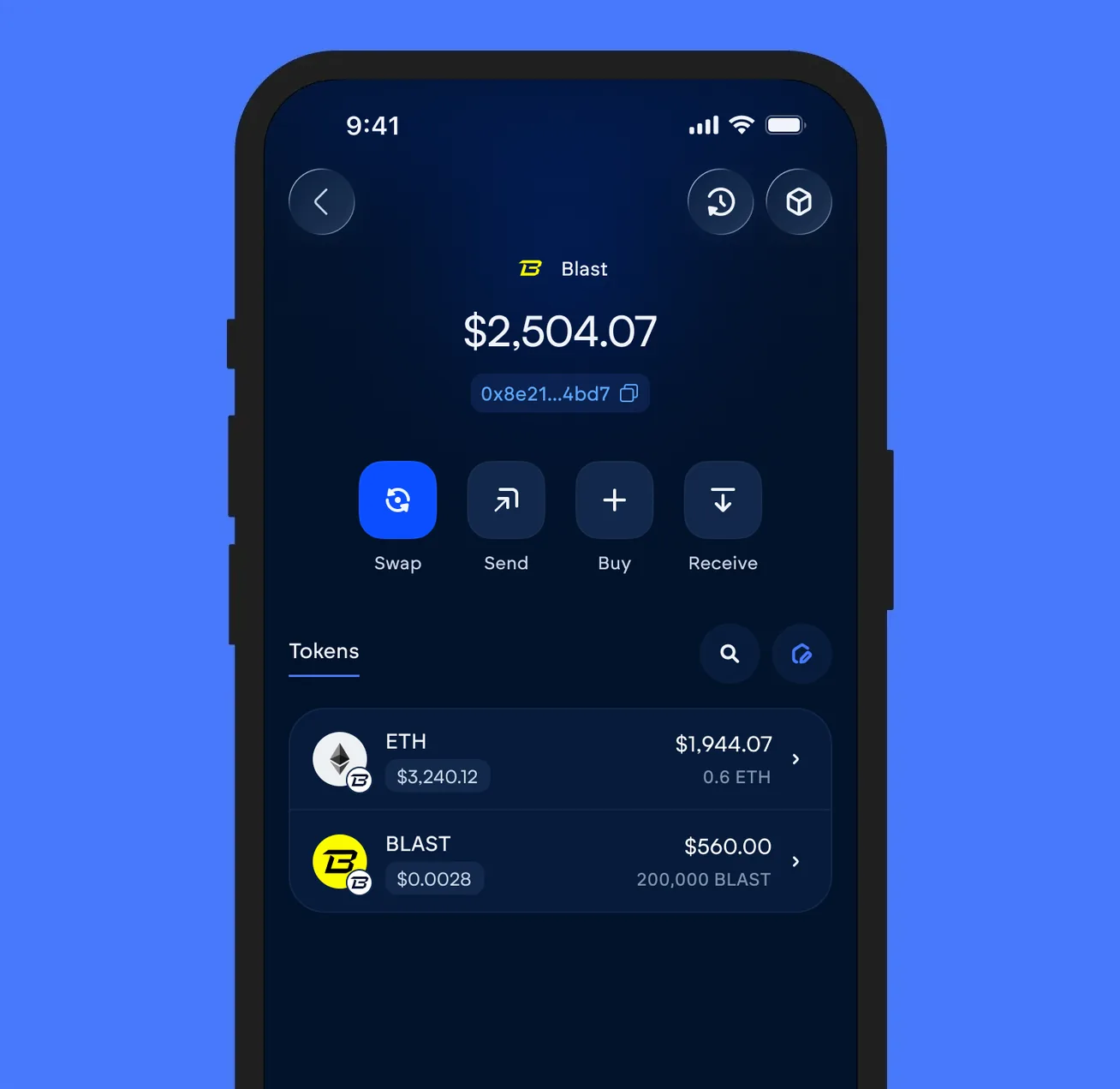 The Vultisig vault open on Blast, showing its balance and token list