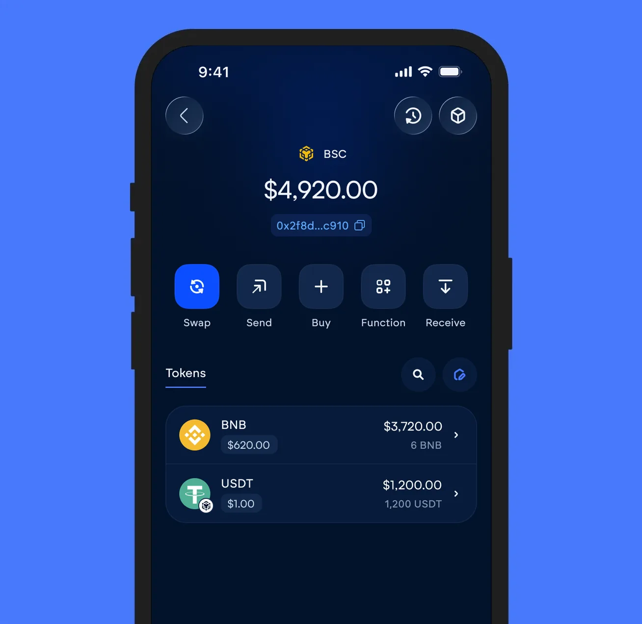 The Vultisig vault open on BSC, showing its balance and token list