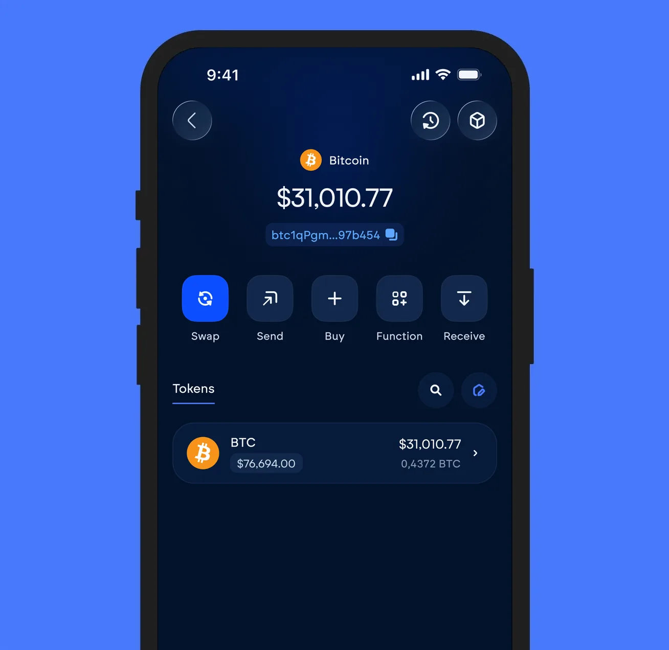 The Vultisig vault open on Bitcoin, showing its balance and token list