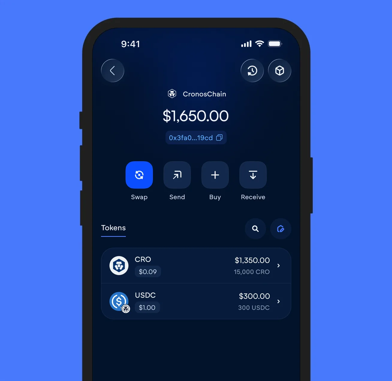 The Vultisig vault open on Cronos, showing its balance and token list