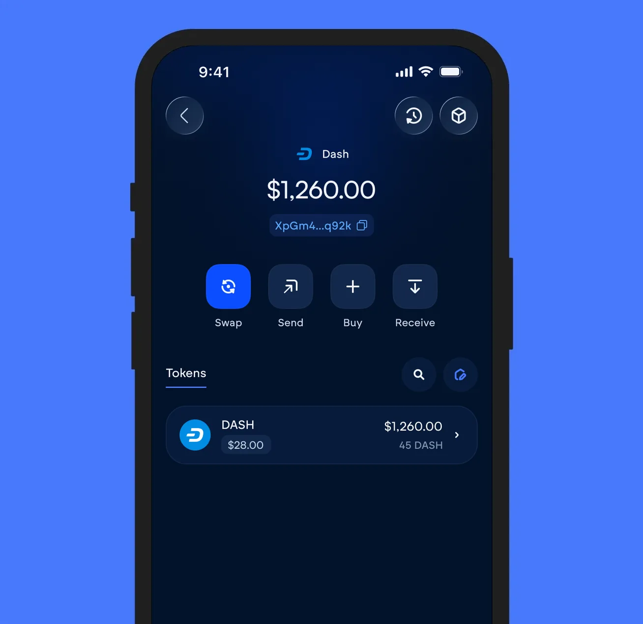 The Vultisig vault open on Dash, showing its balance and token list