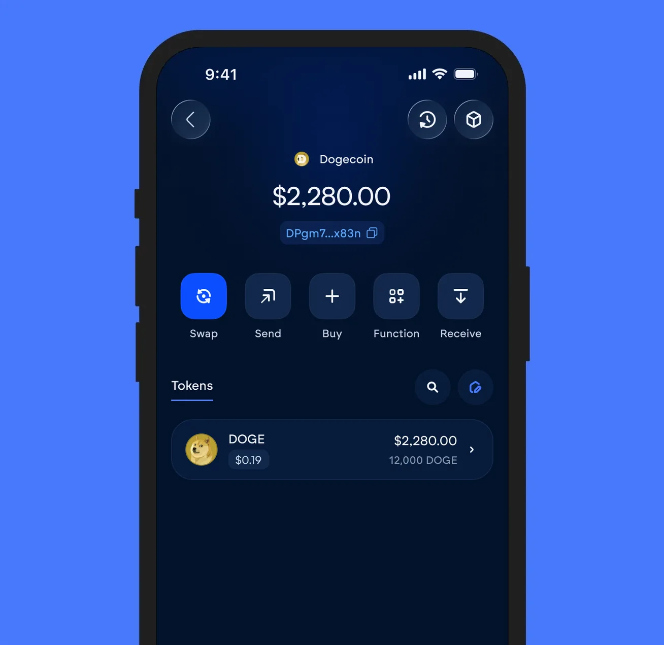 The Vultisig vault open on Dogecoin, showing its balance and token list
