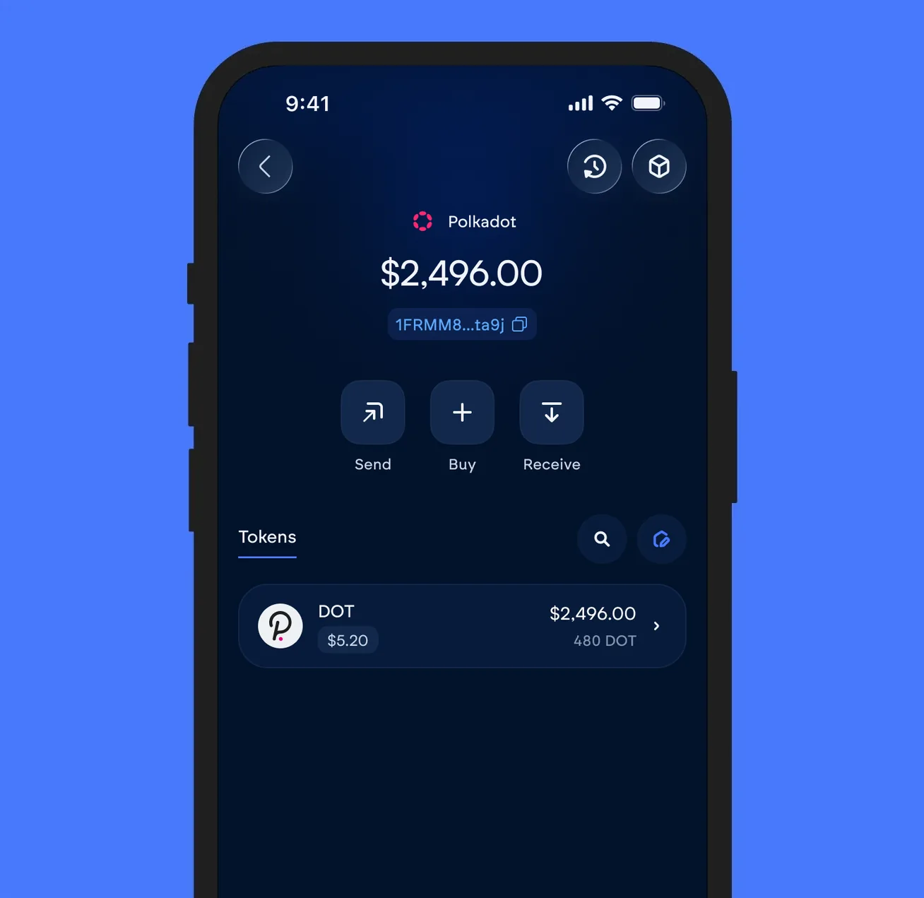 The Vultisig vault open on Polkadot, showing its balance and token list