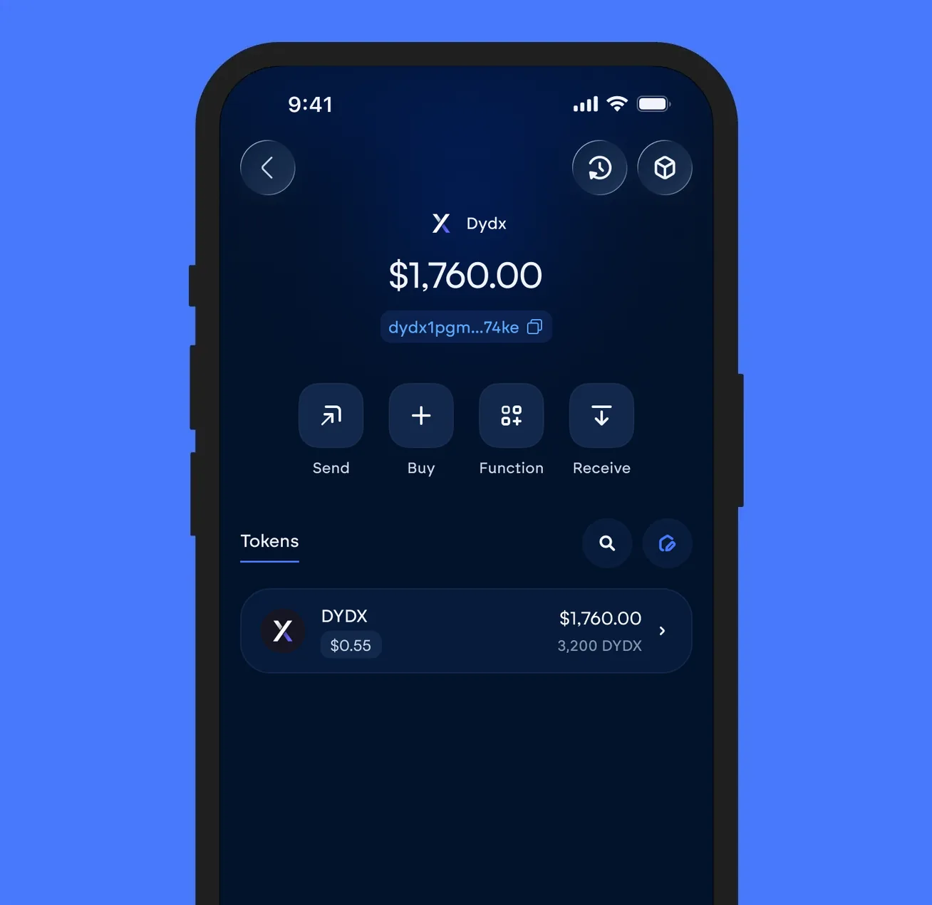 The Vultisig vault open on dYdX, showing its balance and token list