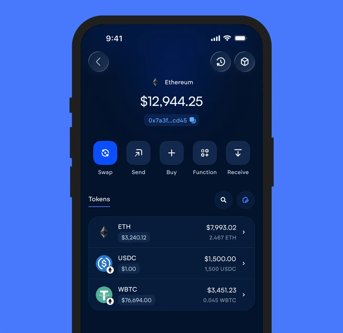 The Vultisig vault open on Ethereum, showing its balance and token list