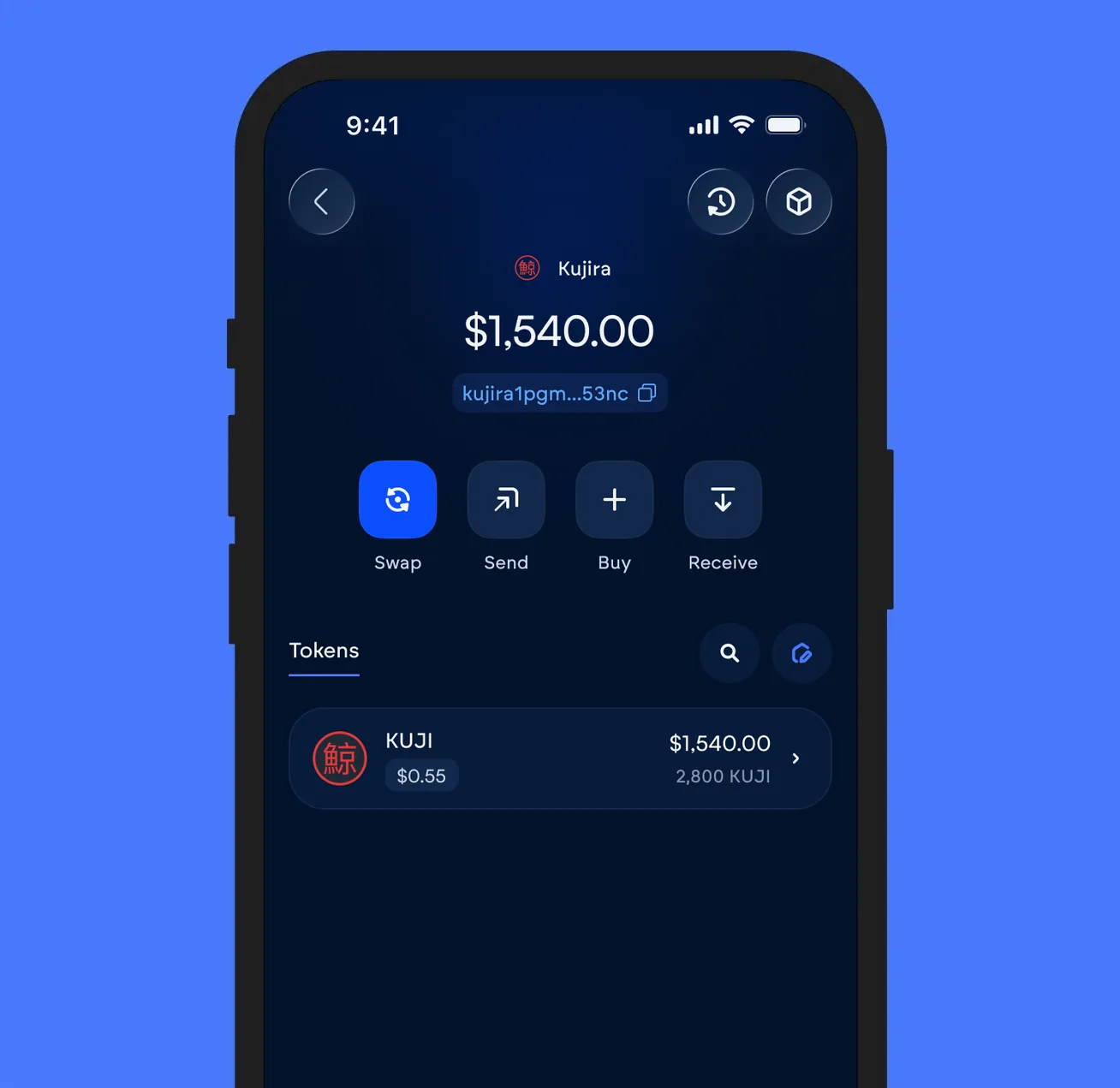 The Vultisig vault open on Kujira, showing its balance and token list