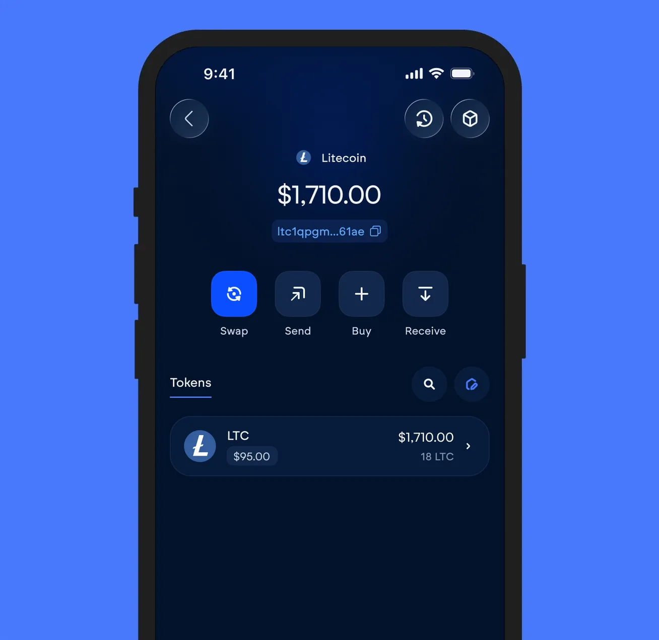 The Vultisig vault open on Litecoin, showing its balance and token list