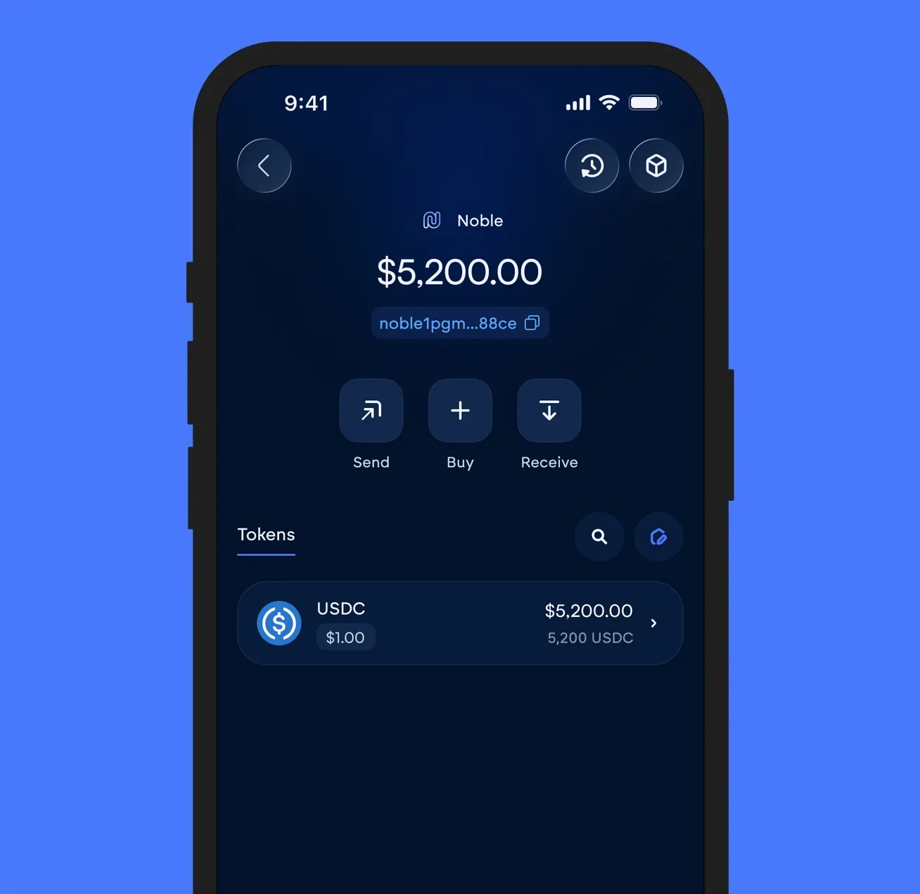 The Vultisig vault open on Noble, showing its balance and token list