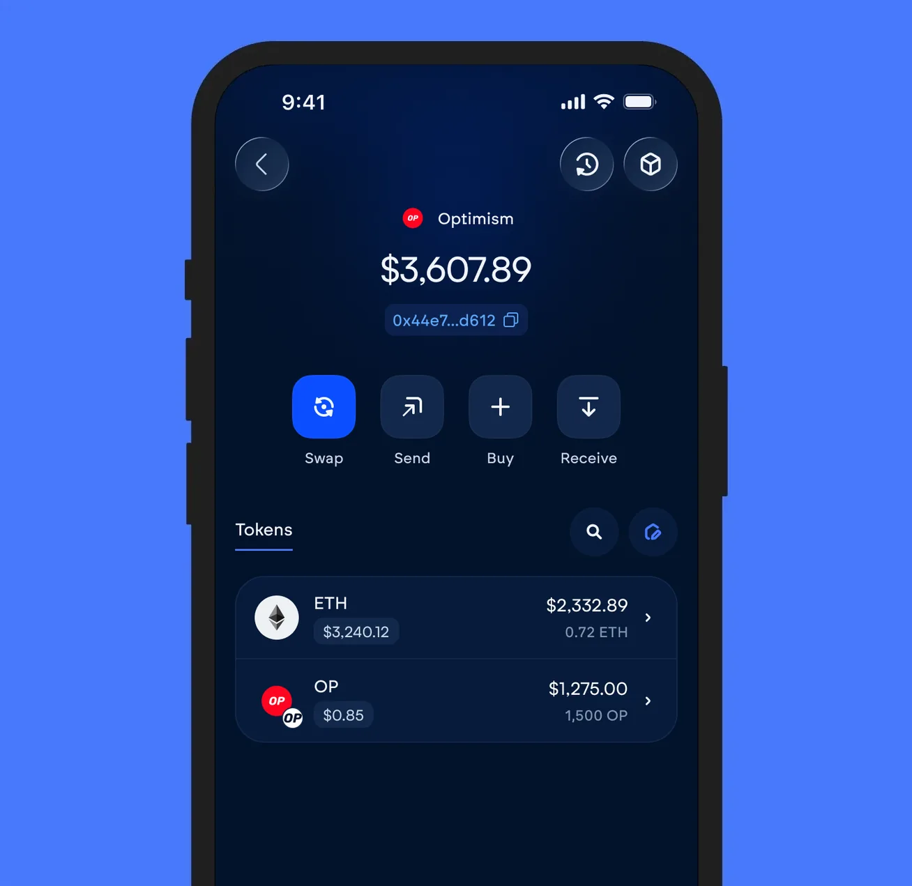 The Vultisig vault open on Optimism, showing its balance and token list