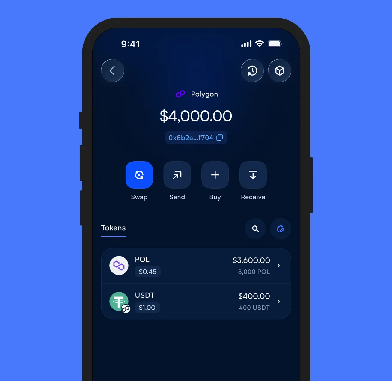 The Vultisig vault open on Polygon, showing its balance and token list