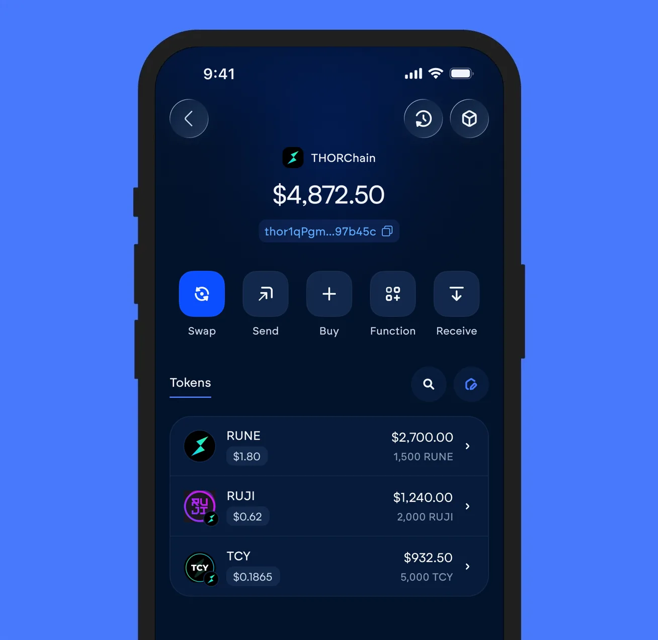 The Vultisig vault open on THORChain, showing its balance and token list