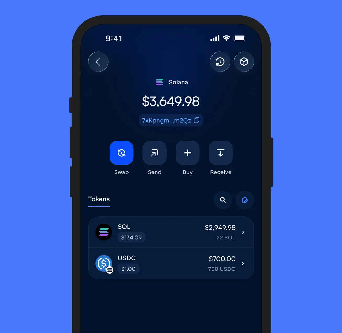 The Vultisig vault open on Solana, showing its balance and token list