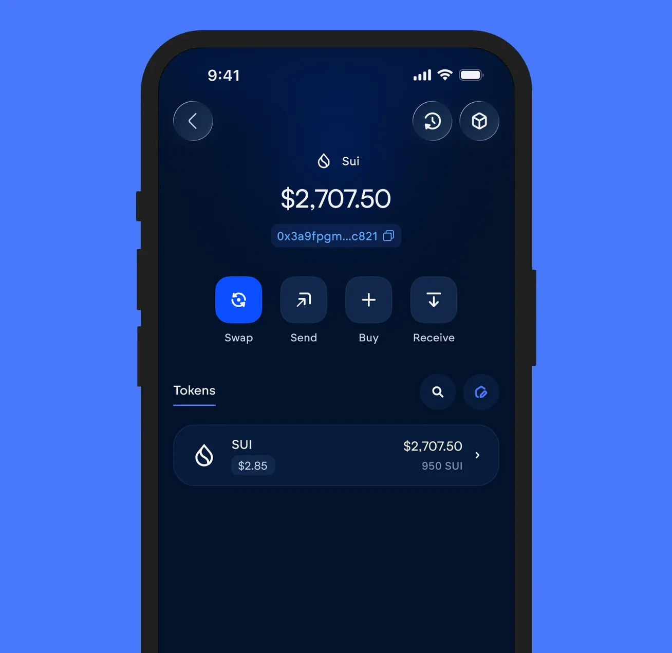 The Vultisig vault open on Sui, showing its balance and token list