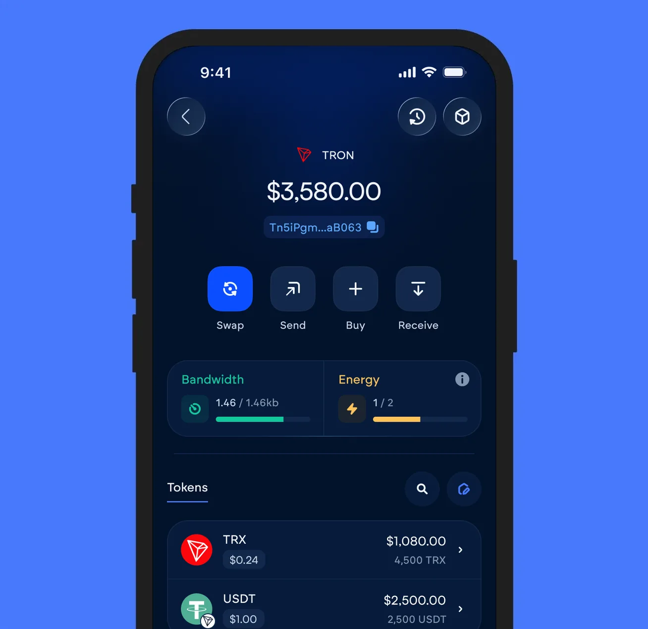 The Vultisig vault open on Tron, showing its balance and token list
