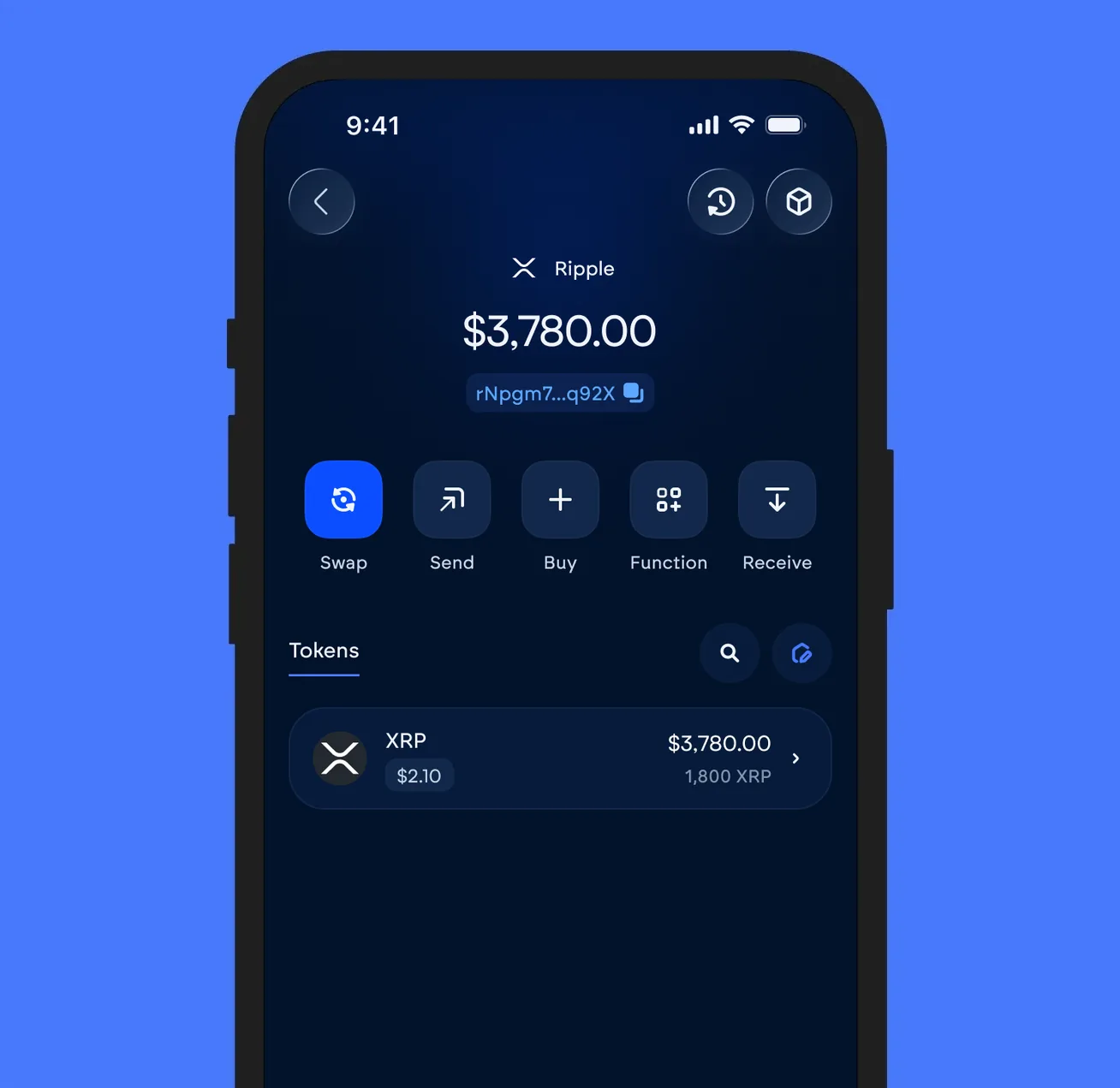 The Vultisig vault open on Ripple, showing its balance and token list