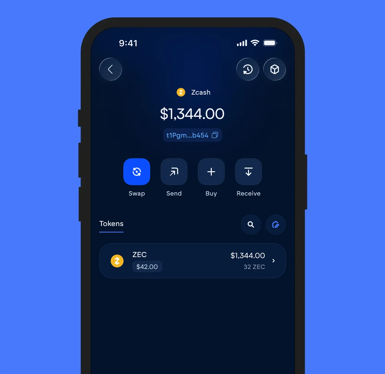 The Vultisig vault open on Zcash, showing its balance and token list