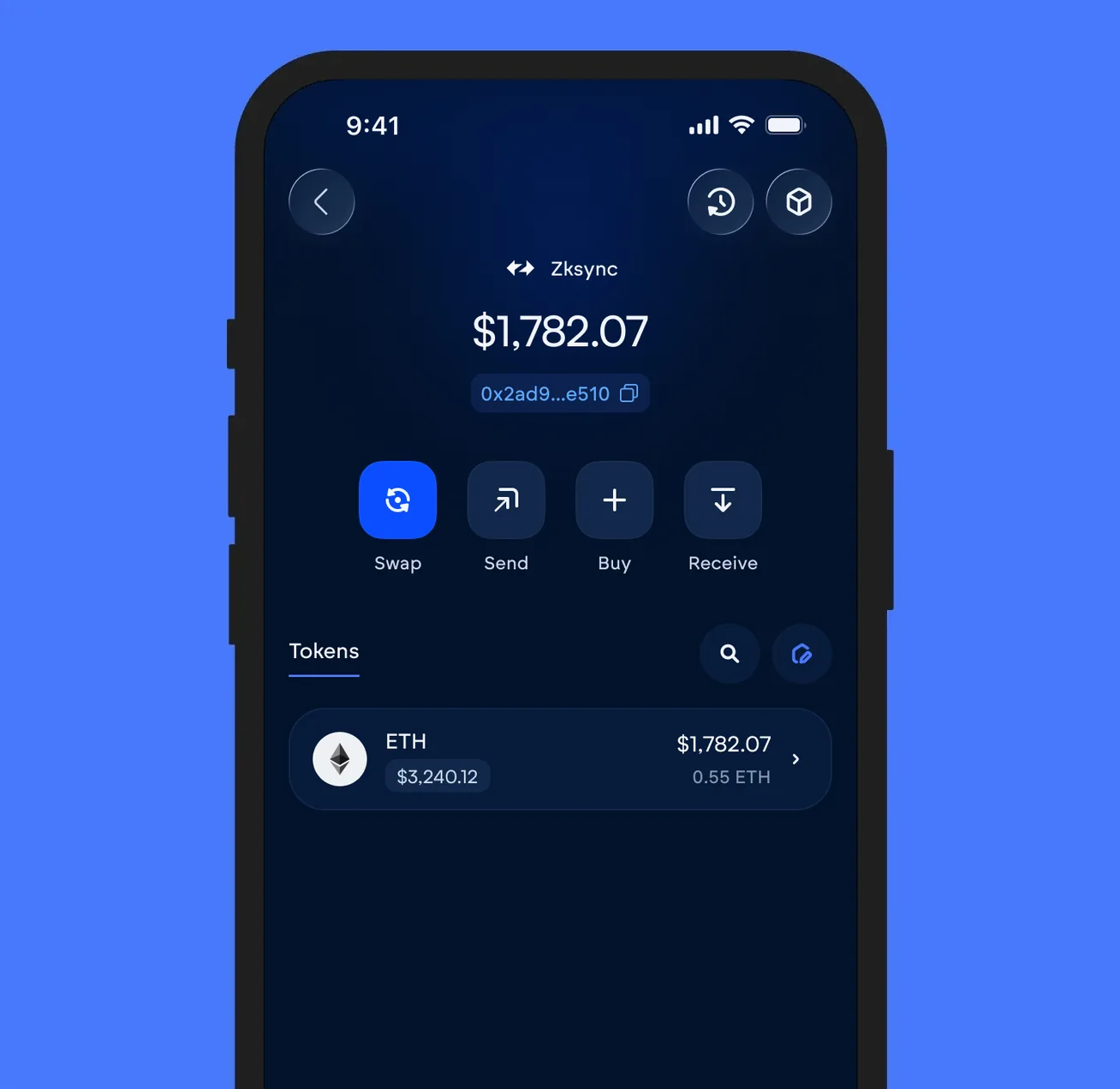 The Vultisig vault open on zkSync, showing its balance and token list