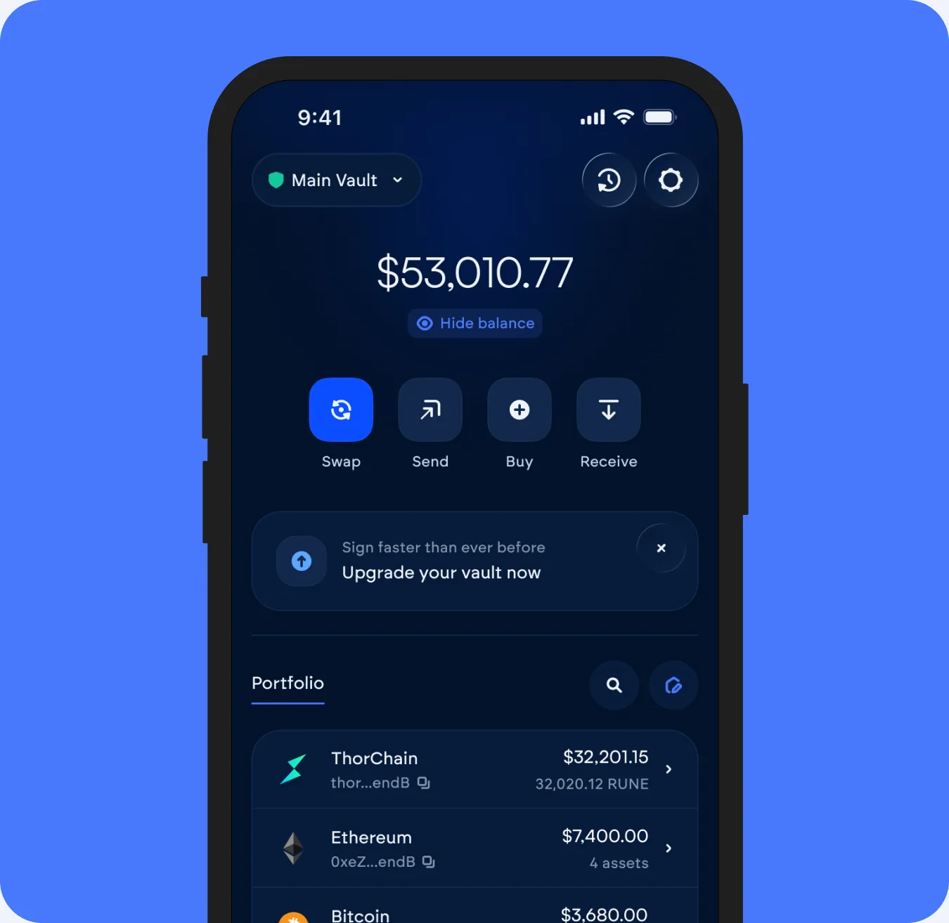 The Vultisig app on an iPhone, showing a Main Vault balance of $53,010.77 with swap, send, buy and receive actions above the portfolio list