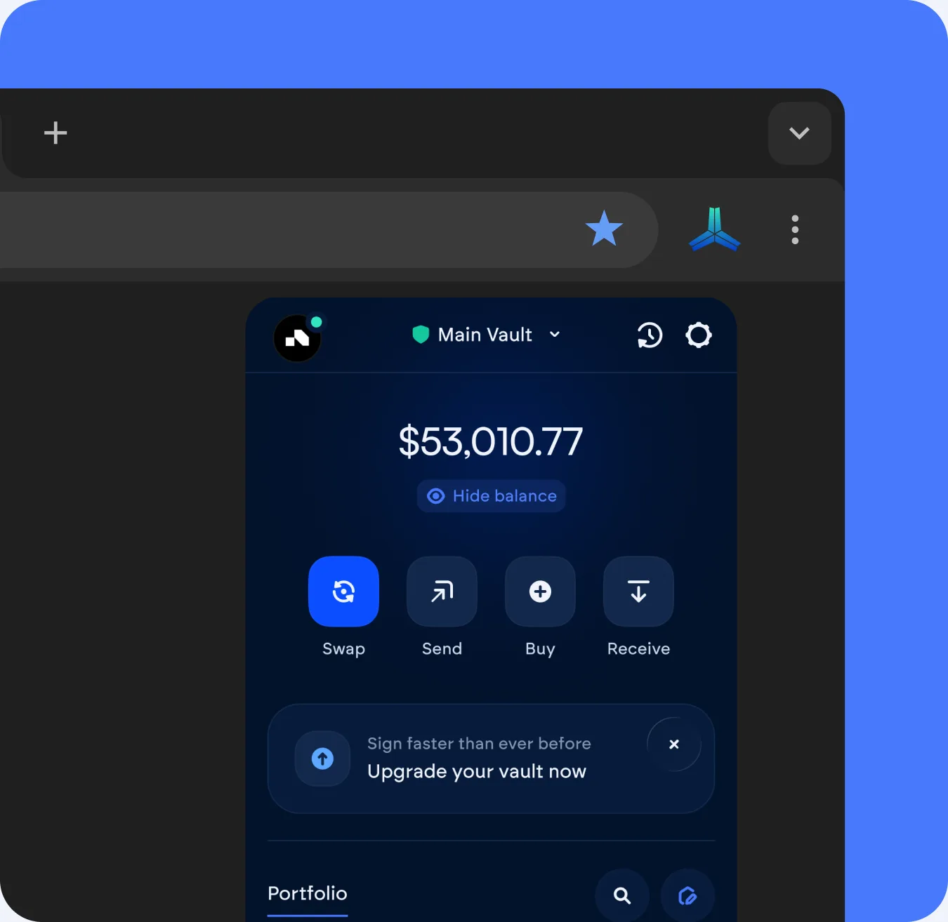 The Vultisig browser extension open in Chrome, showing the Main Vault balance and the swap, send, buy and receive actions
