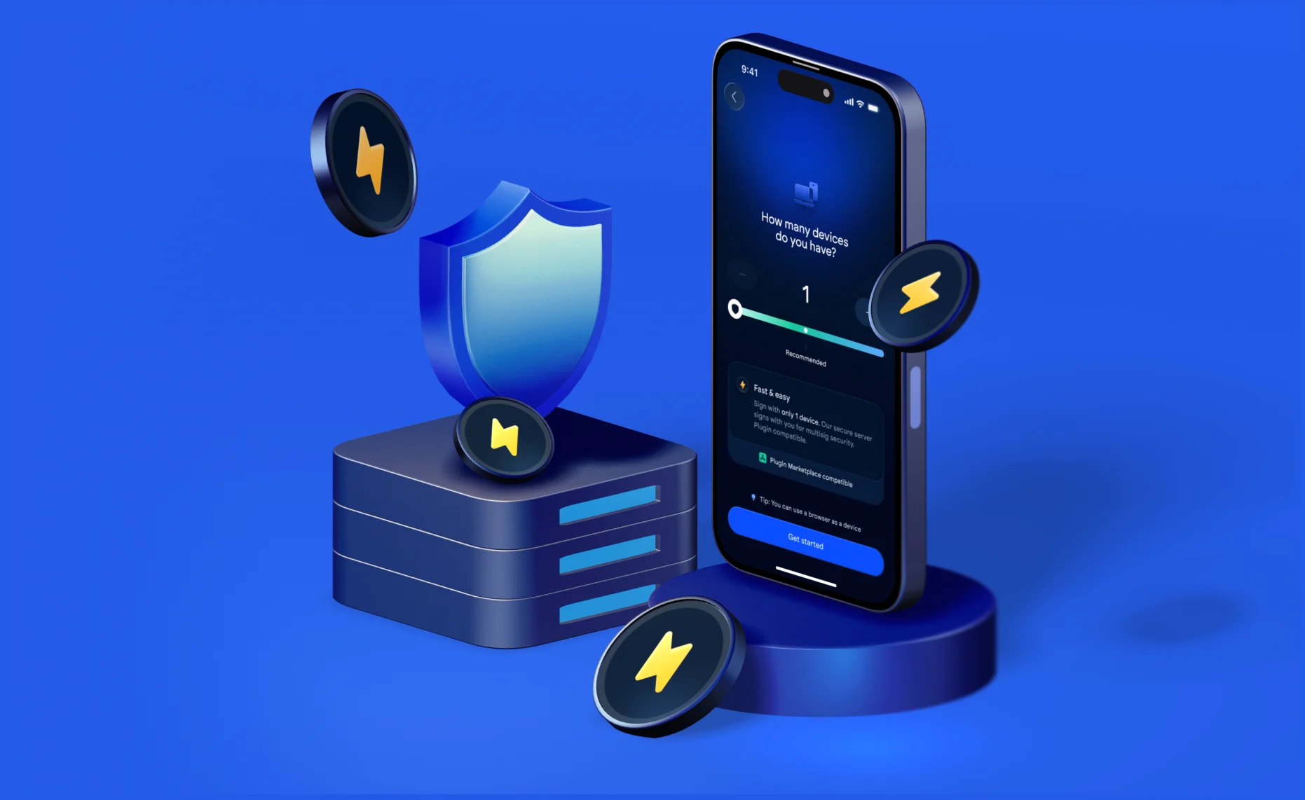 A phone on a pedestal showing the Fast Vault setup screen, beside a shield on a server stack and floating lightning-bolt coins