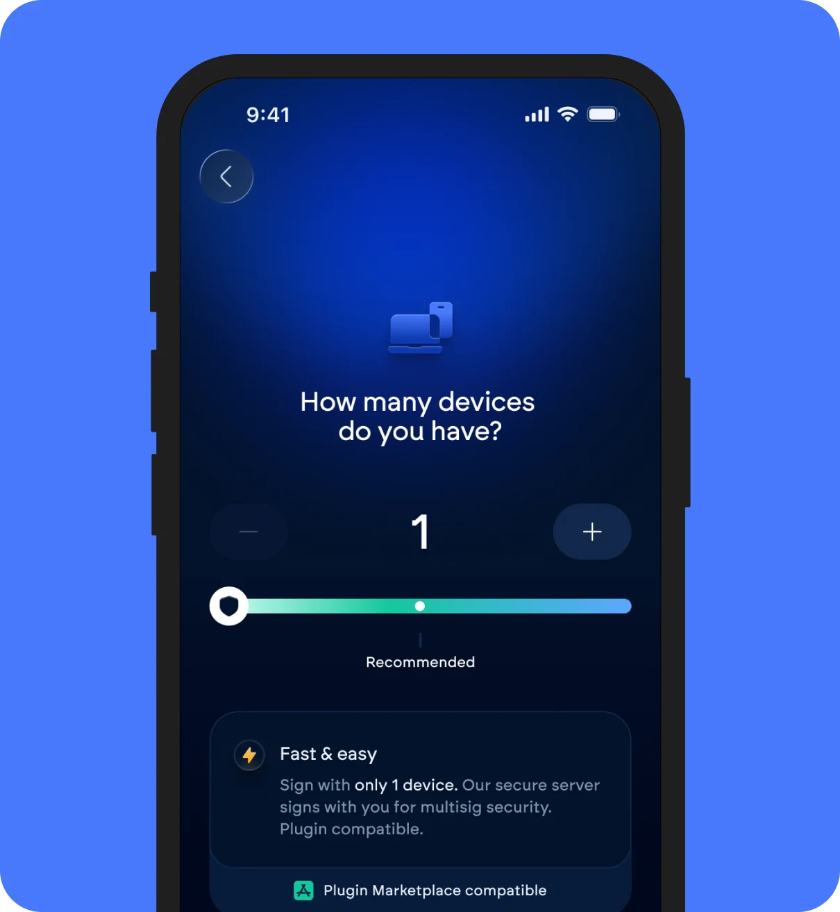 Vault setup screen asking how many devices you have, set to one