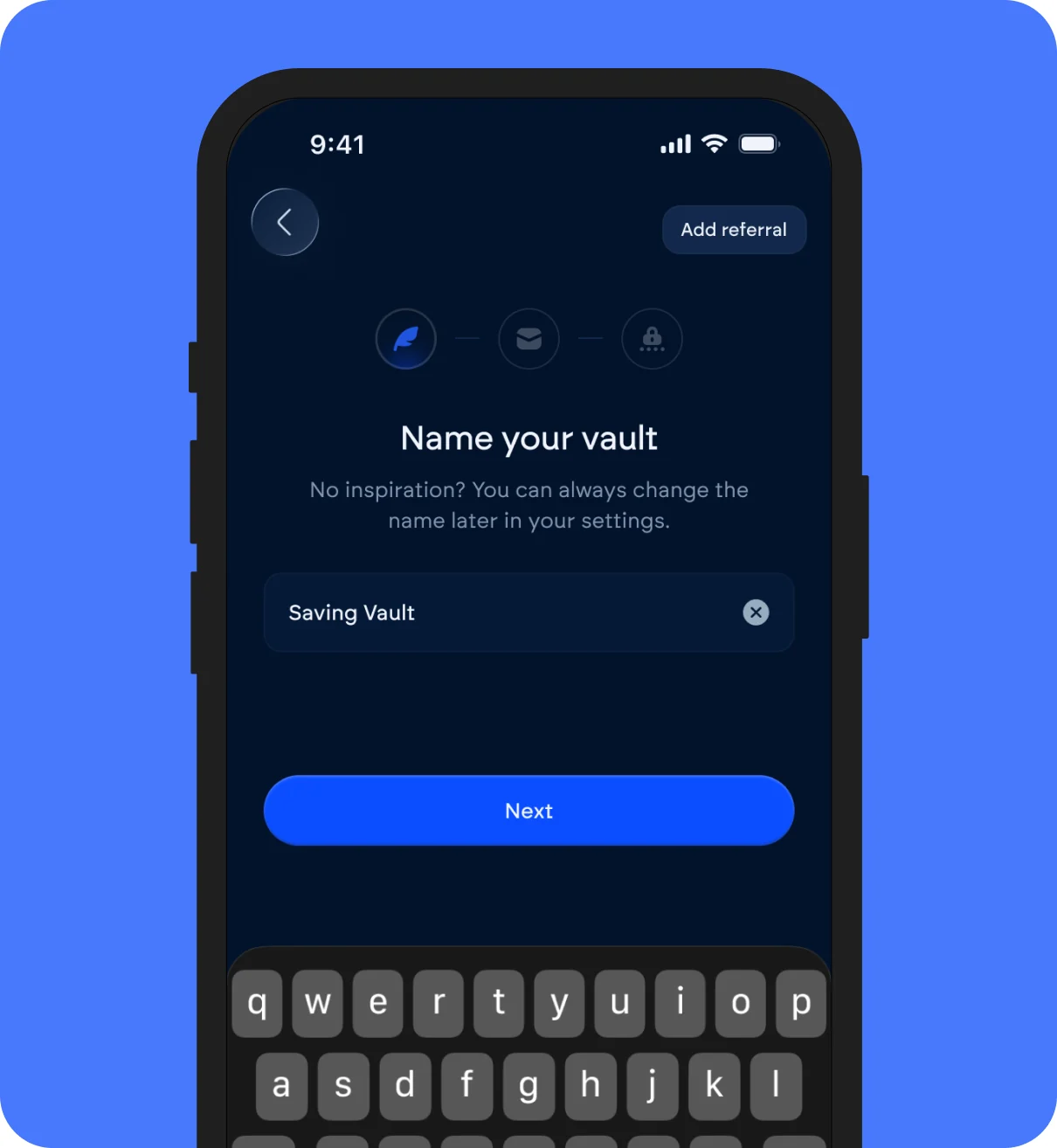 Name your vault screen with the keyboard open