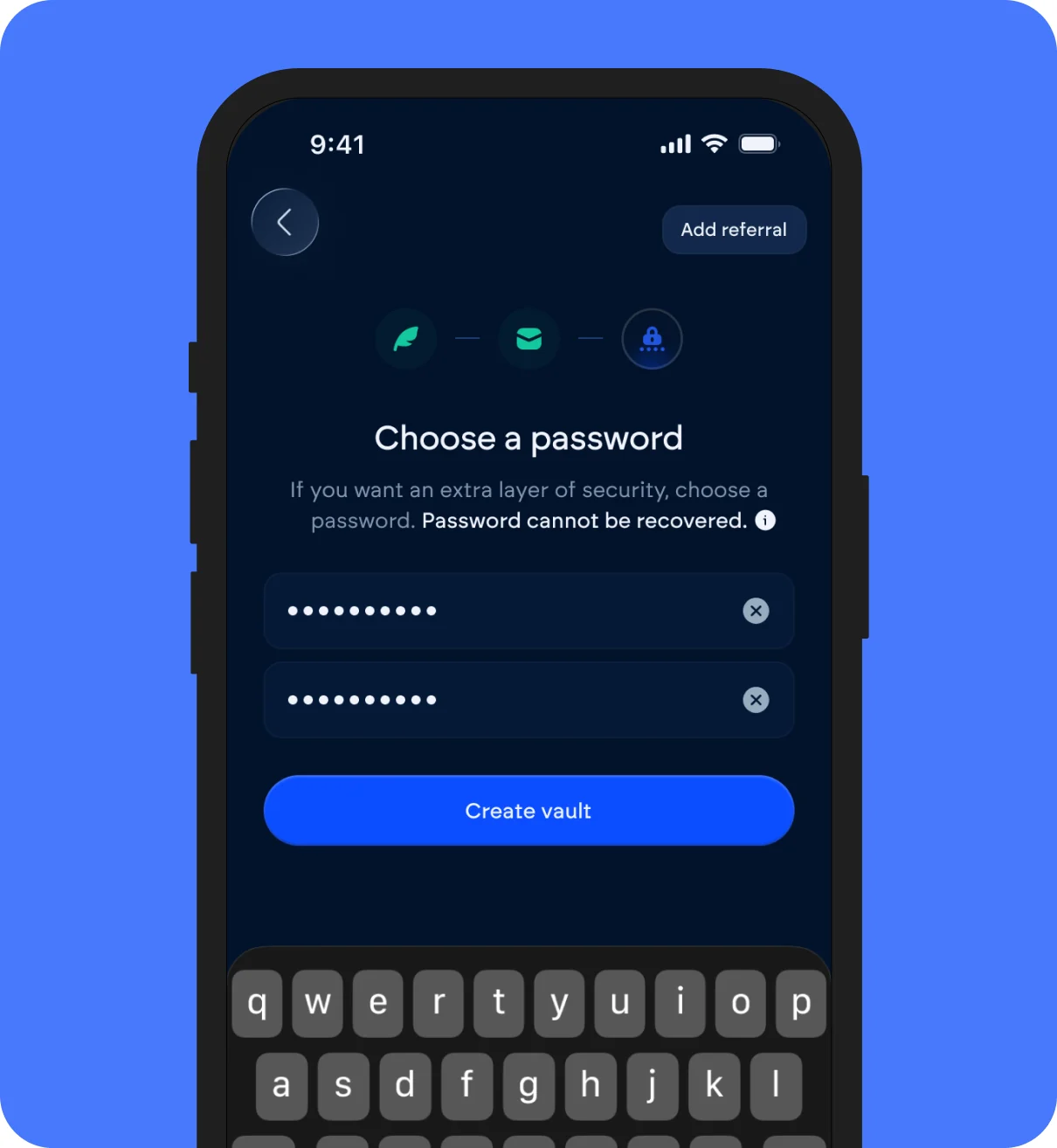 Choose a password screen with both password fields filled
