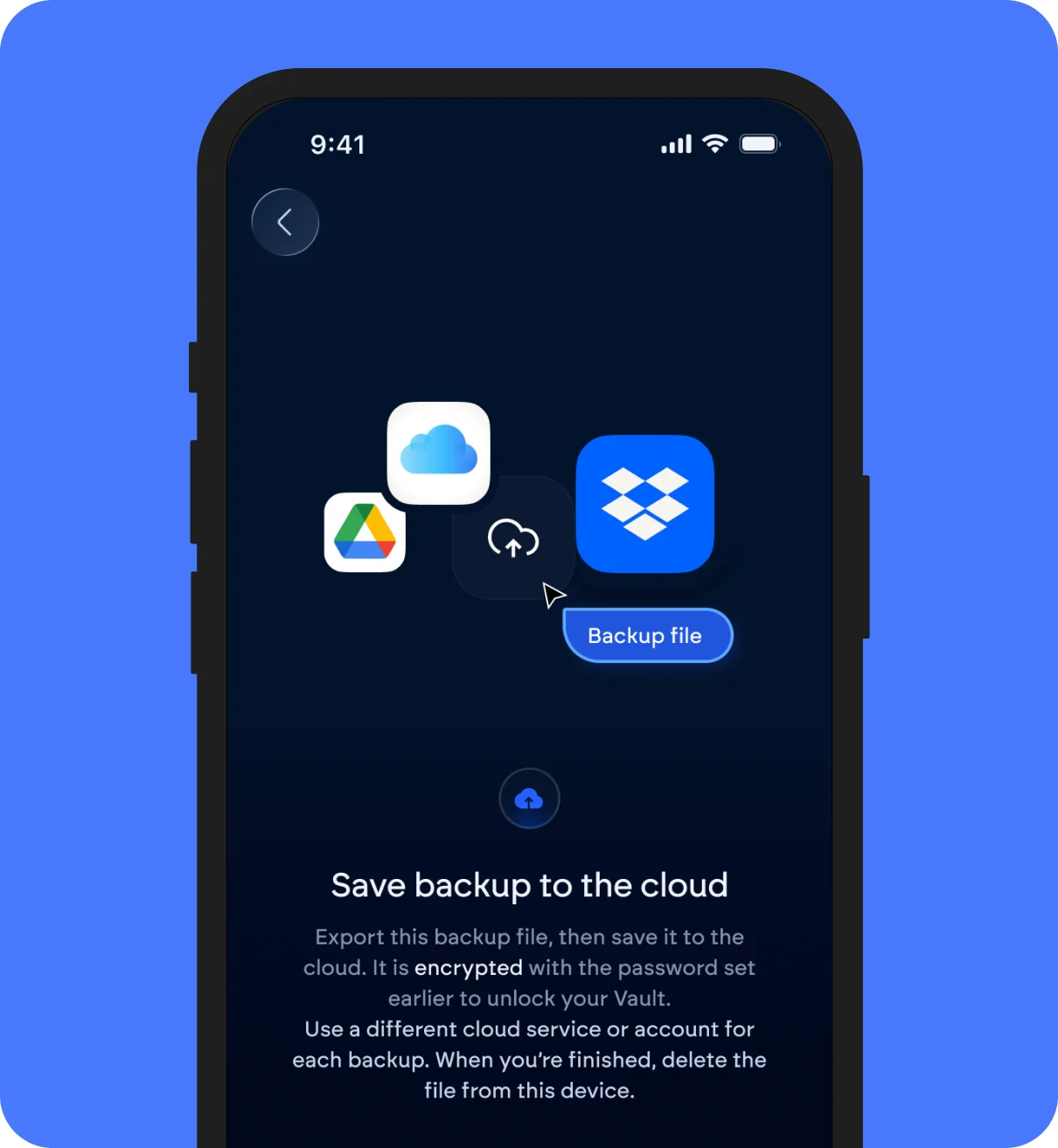 Save backup to the cloud screen offering iCloud, Google Drive and Dropbox