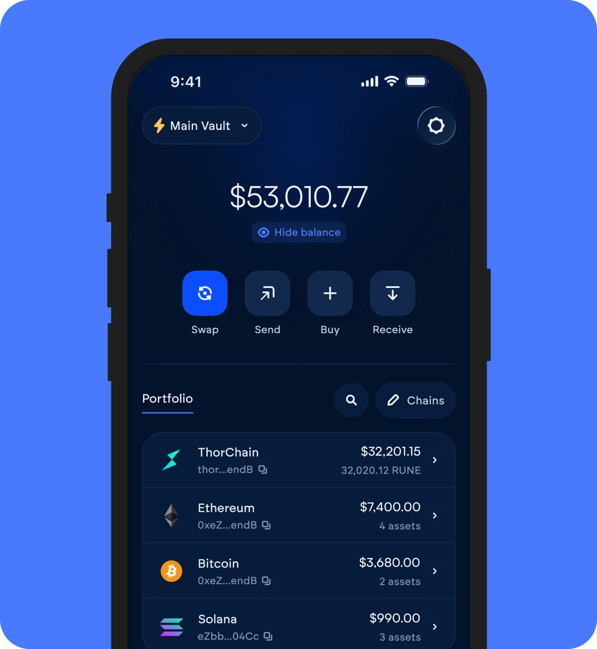 Vault home screen showing the portfolio balance and chain list