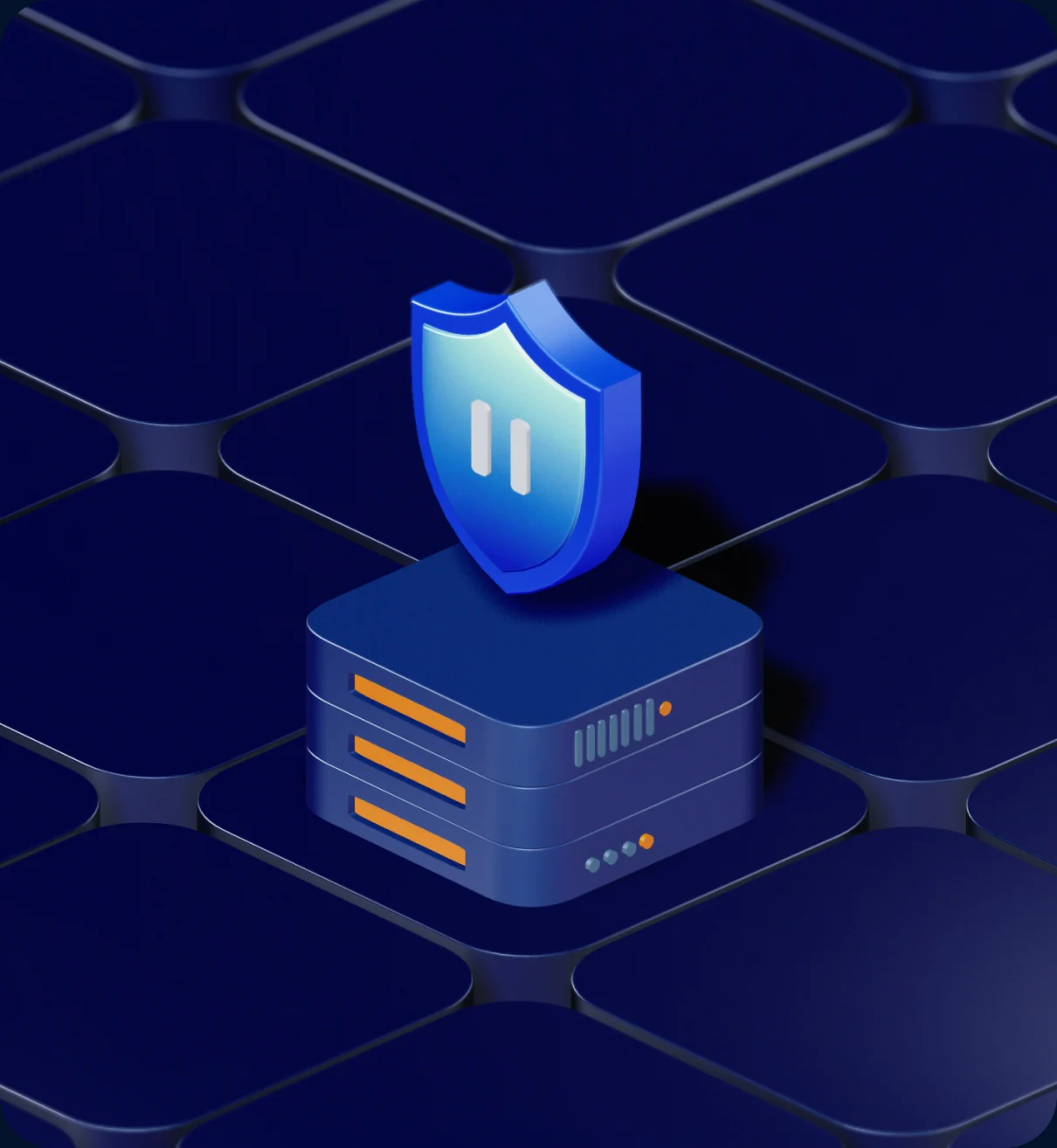 A shield standing on a server on a dark tiled floor