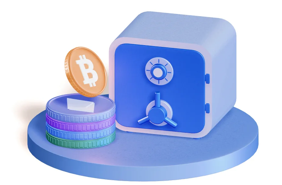 Safe beside a stack of coins from different blockchains