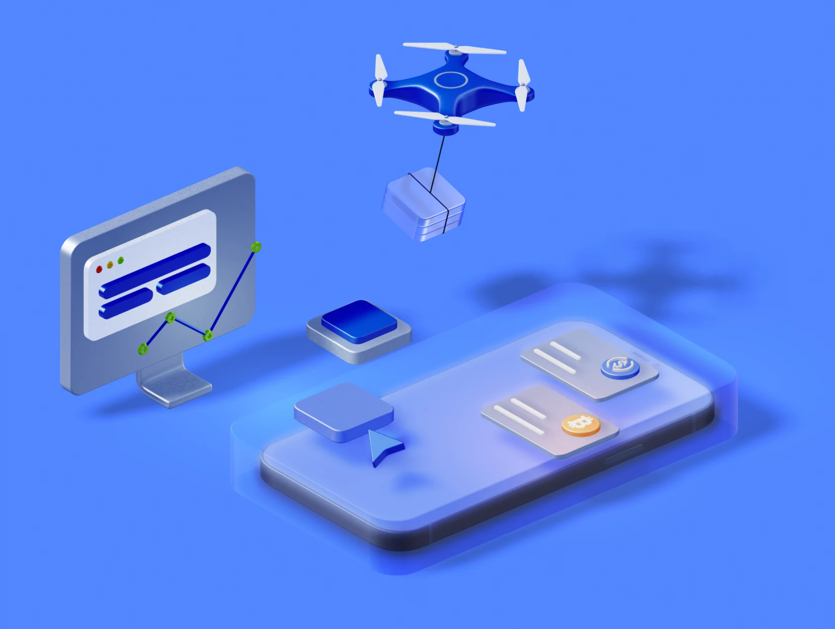 An isometric blue vault with SDK modules and signed transaction tiles orbiting it, wired to an agent process