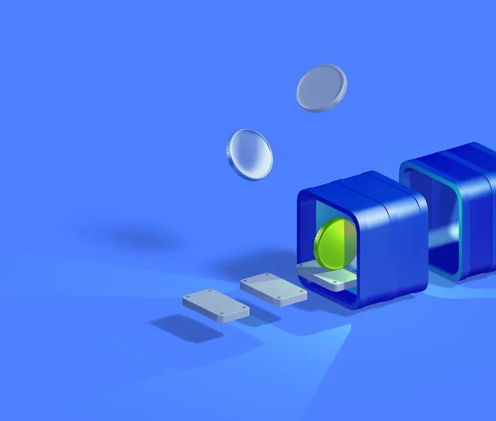 Three isometric blue vaults in a row, the nearest one open with a green key inside, beside floating coins and key-share tiles